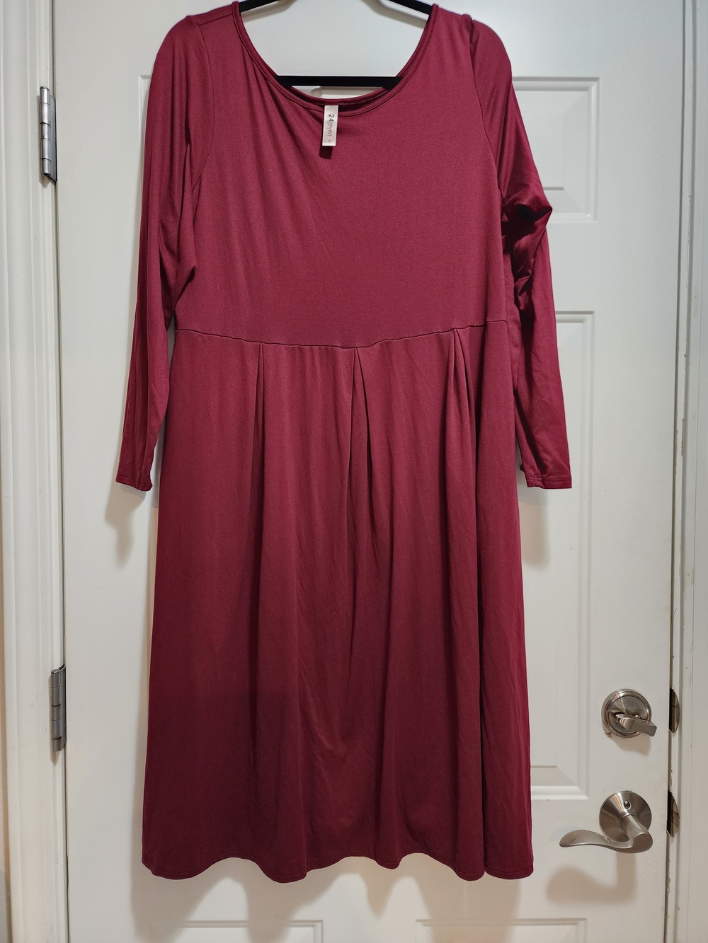 24Seven Comfort Apparel Burgundy Long Sleeve Pleated Empire Waist Midi Dress 1X